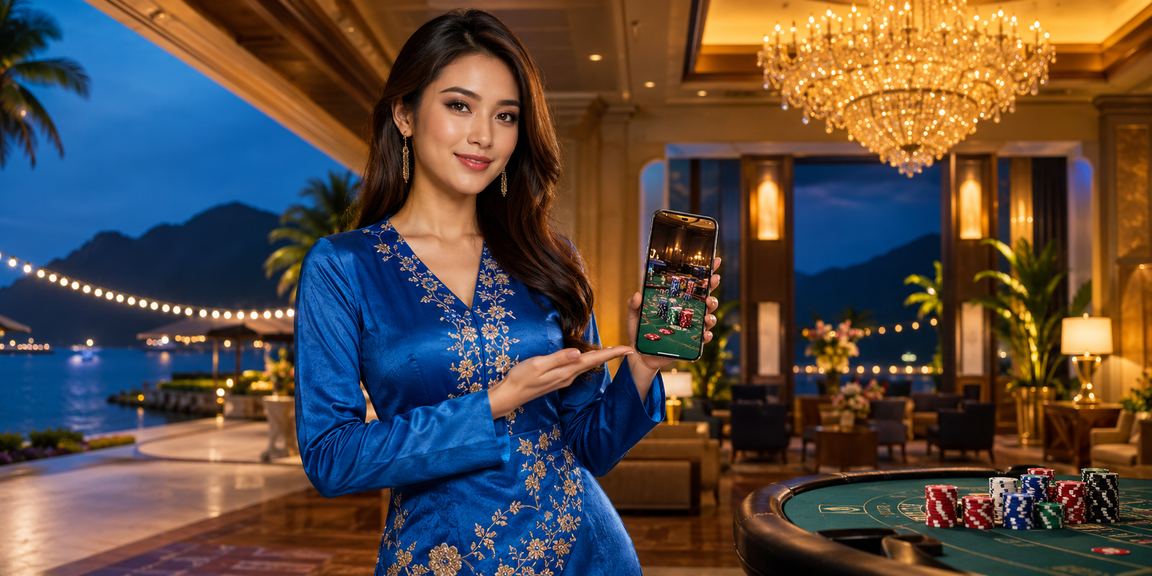 Wanita memakai baju kurung menggunakan aplikasi prebet di Langkawi